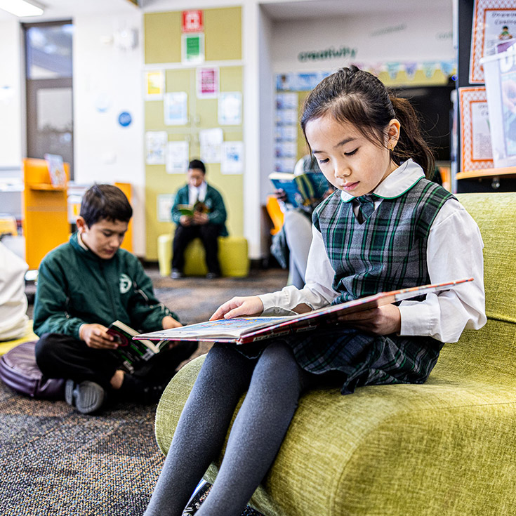 Reading in the Good Shepherd Catholic Primary Plumpton school library